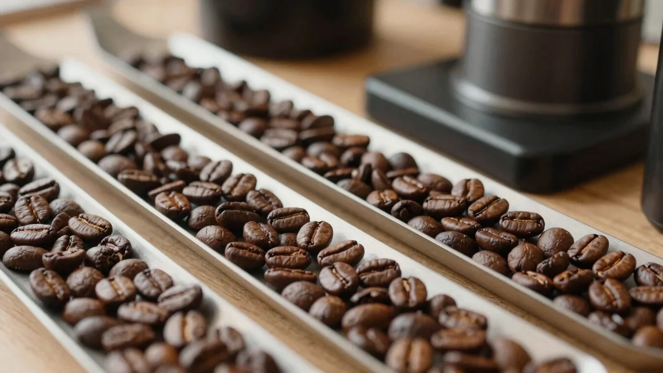 Editorial coffee photography, close detail of cooling trays holding freshly roasted coffee beans beside a grinder, soft