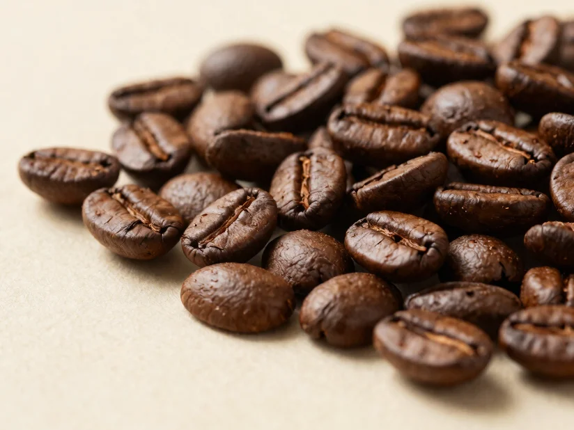 Editorial coffee photography, soft directional daylight, close detail of roasted whole coffee beans on a warm cream canv