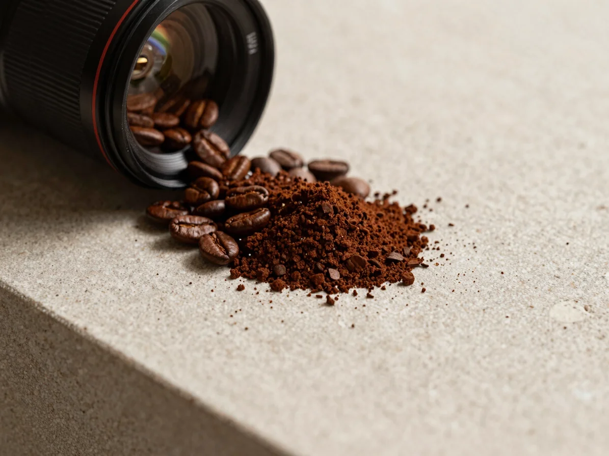 Editorial coffee photography, soft directional daylight, grinding equipment with coffee grounds spilling onto a tactile