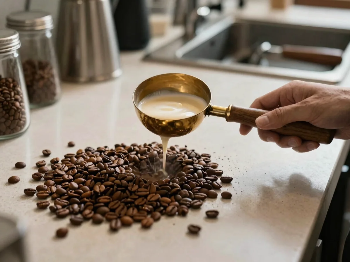 Editorial coffee photography, soft directional daylight, blending in progress with measured coffee portions on a working