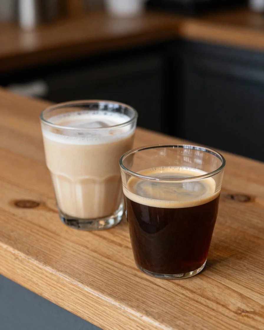 Editorial close-up of freshly poured hot coffee beside a cold brew glass on a wooden counter, soft directional daylight,