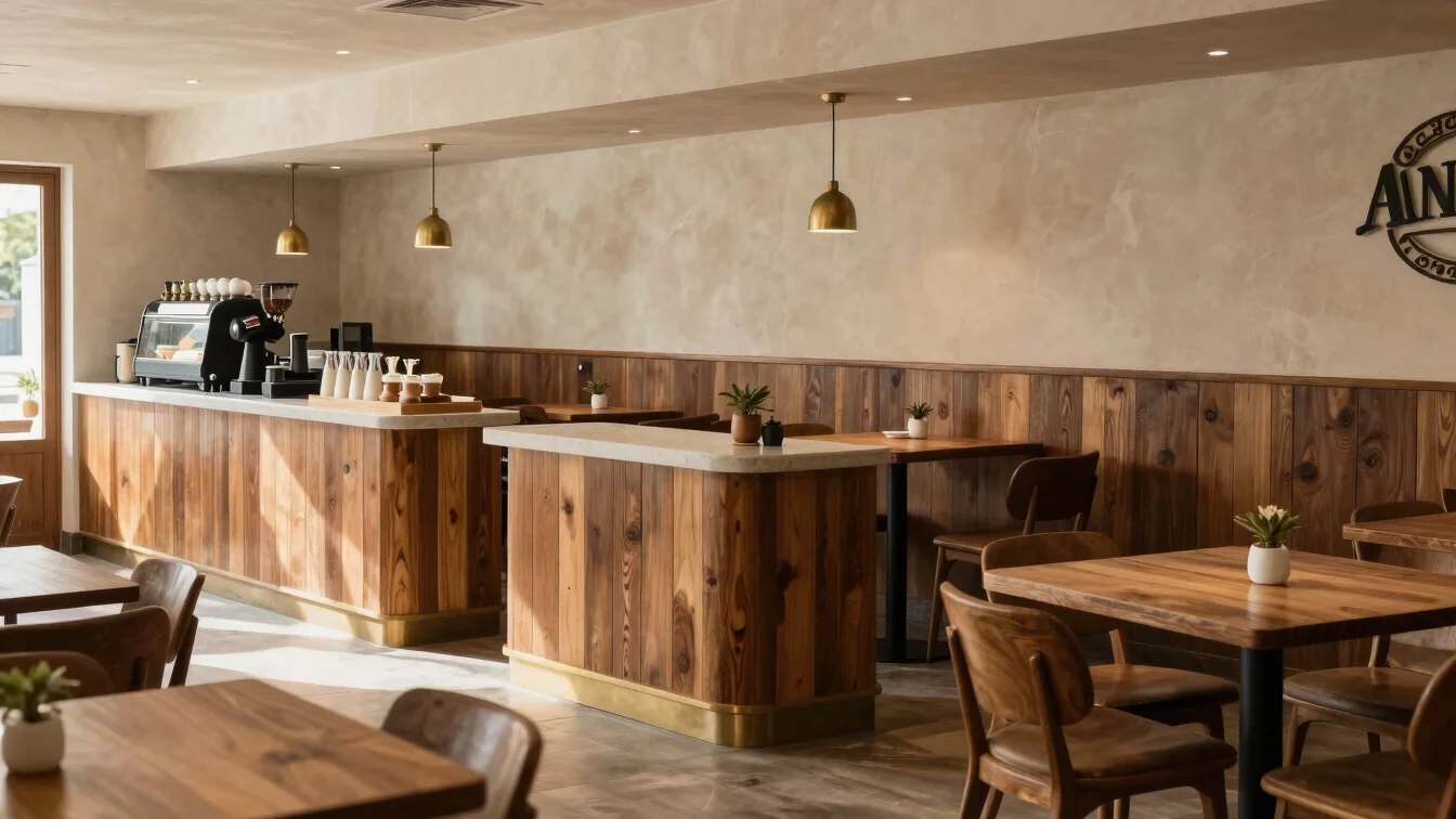 Wide editorial view of the Annapurna Cafe dining room with wood counters and tables in soft directional daylight, roaste